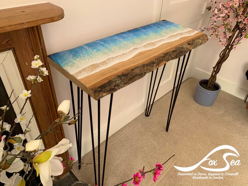 MADE to ORDER Custom Resin Wave Table, Oak or Ash Wood, Hairpin Legs, Console Table, Coffee Table, Blue, Ocean, Handmade, Epoxy Resin Table image 3