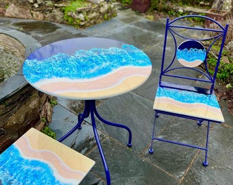 Outdoor Ocean Inspired FoxSea Art Design Bistro Set - Table & Two Foldable Chairs Set. Patio Furniture, limited edition, Blue
