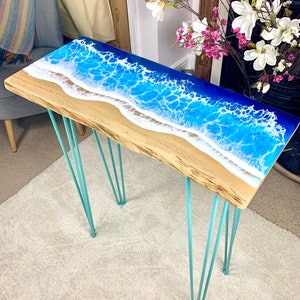 MADE to ORDER Custom Resin Desk Wave Table, Oak, Local Devon Hardwood, Wood, Hairpin Legs, Blue, Ocean, Handmade, Epoxy Resin Table image 3