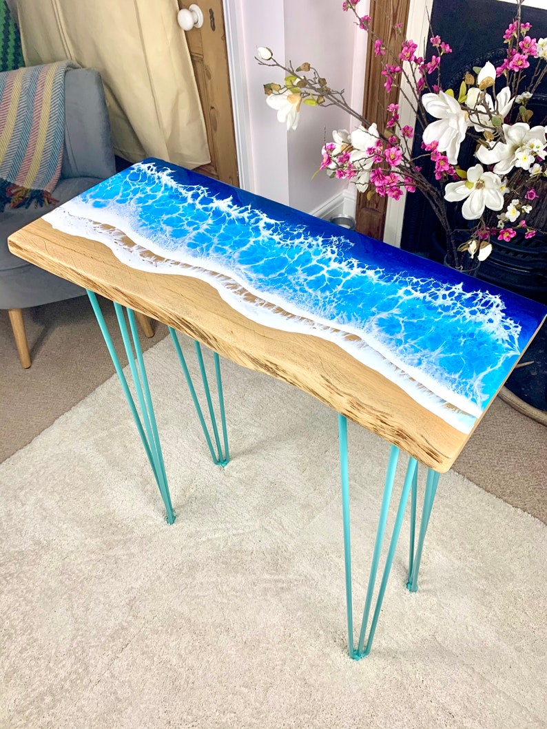 MADE to ORDER Custom Resin Desk Wave Table, Oak, Local Devon Hardwood, Wood, Hairpin Legs, Blue, Ocean, Handmade, Epoxy Resin Table image 3