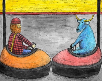 Paul Bunyan & Babe the Blue Ox "BUMP AROUND" on the bumper cars at the Minnesota State Fair