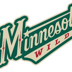 May include: A green and white logo with the text "Minnesota Wild" in a stylized font. The word "Wild" is in red.