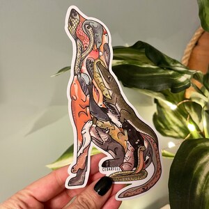 Sticker en vinyle lunatique chien assis – aquarelle dessinée à la main, 25 animaux entrelacés, oeuvre d'art pour animaux de compagnie, deux tailles, 10 et 15 cm