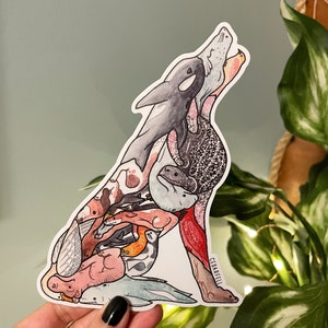 May include: A colourful sticker of a wolf made up of different sea creatures. The wolf is howling and has a grey, white, and pink colour scheme. The sticker is made by Cedarfell.