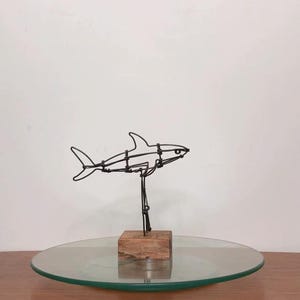 Handcrafted Steel Wire Shark Sculpture with Interactive Crank - Small Shelf- Unique Home Décor
