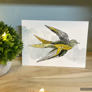 Carte de voeux hirondelle - motif alligator pavage, art animalier dessiné à la main, 5 x 7 vierges à l'intérieur