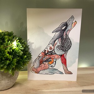Howling Wolf Greeting Card – Hand-Drawn Interlocking Animal Art, 5x7 Blank Inside, Wildlife Design