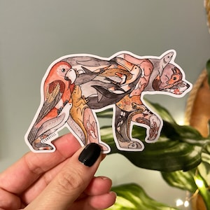 Sticker en vinyle ours tesselé dessiné à la main - Aquarelle, animaux entrelacés, 4" ou 6"