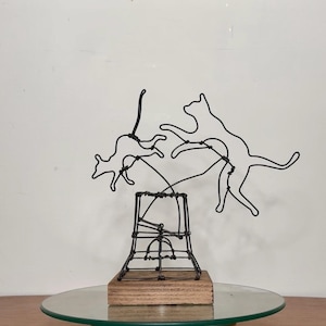 Kinetic Cat and Mouse Sculpture: Hand-Tied Wire Art, Stained Wood Base