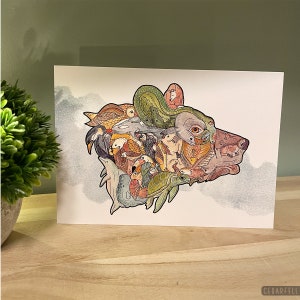 Bear Face Greeting Card – Hand-Drawn Interlocking Animals Art with Watercolor, 5x7 Blank Inside, Nature-Inspired Design