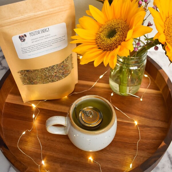 Positive Energy mood boosting tea with St. Johns Wort, lemon balm, lavender, sage, safflower, and lemon.