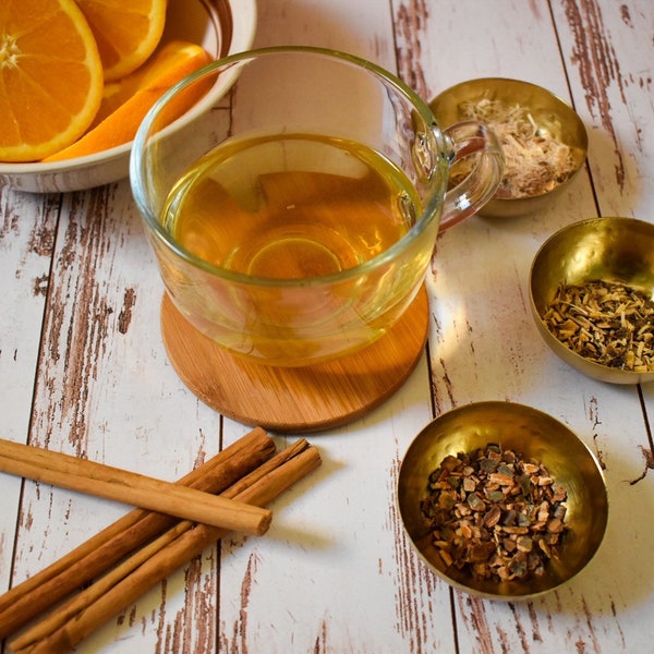 Sore Throat Relief organic loose leaf tea with licorice, slippery elm bark, cherry bark, cinnamon, and orange