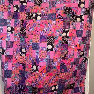 Pink Midnight Finished Quilt - Finished Kaffe Fassett quilt in pinks, purples, black, blues - scrappy quilt