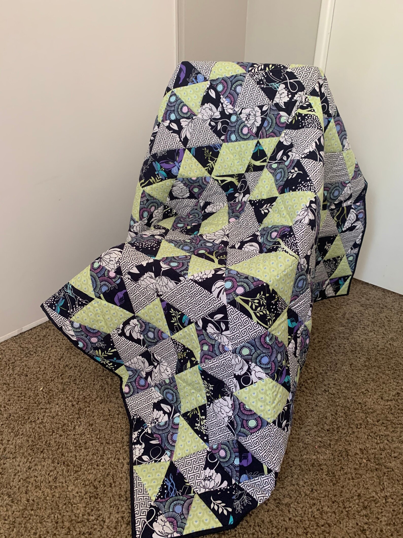 Lime Green & Navy Floral Triangle Quilt Etsy