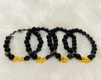 Feng Shui Pixiu Obsidian Wealth Bracelet, Gold Dragon Prosperity Bracelet, Natural Black Obsidian Stone Bracelet, Unisex