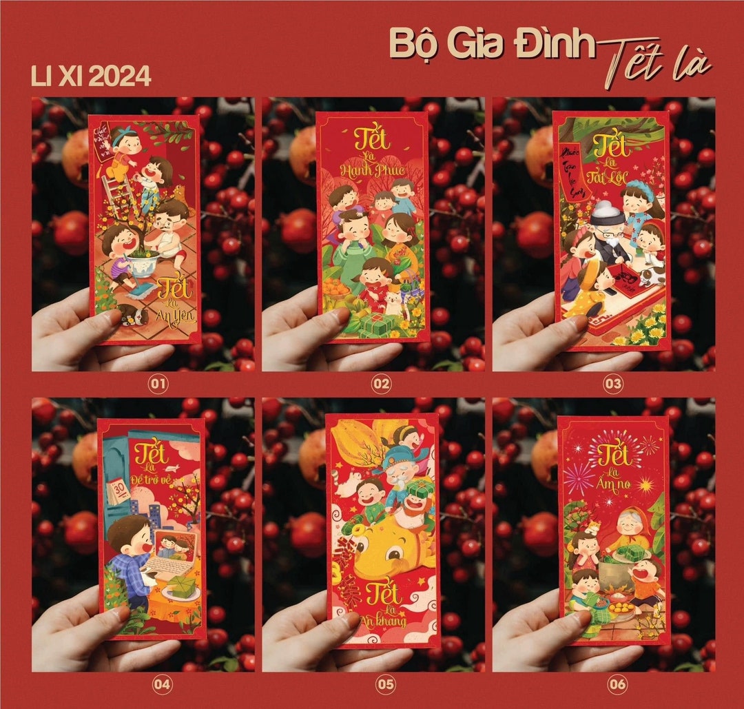 Bao Lì Xì Tết 2024 set of 6 Lucky Money Envelopes TẾT LÀ Lucky Envelope