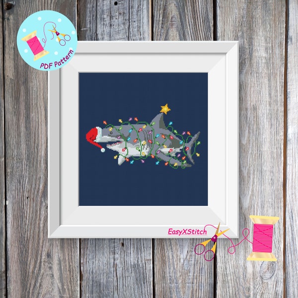 Christmas great white shark cross stitch pattern PDF Christmas diy embroidery pattern Holiday winter