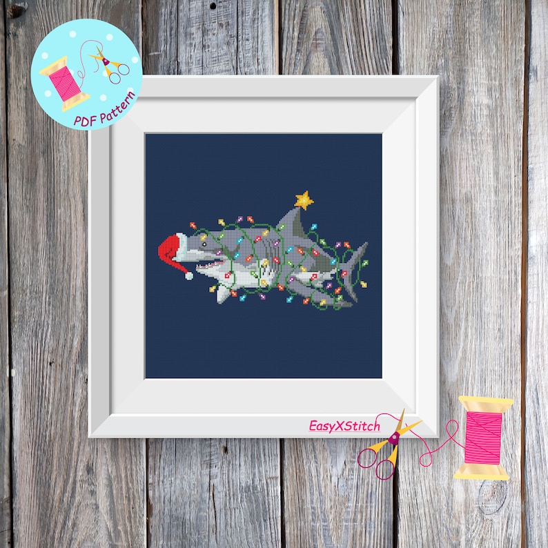 Christmas great white shark cross stitch pattern PDF Christmas diy embroidery pattern Holiday winter image 1