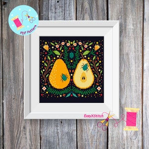 Scandinavian cross stitch pattern PDF Folk flower embroidery Pear сross stitch Village decor