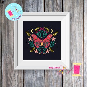 Moth cross stitch pattern PDF Folk flower embroidery Gothic cross stitch pattern Mystical pattern Magical moth
