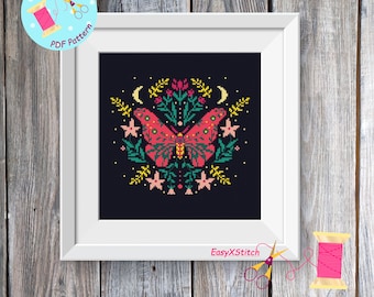 Moth cross stitch pattern PDF Folk flower embroidery Gothic cross stitch pattern Mystical pattern Magical moth