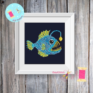 Angler fish cross stitch pattern Sea monster cross stitch Fishing ornament