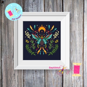 Moth cross stitch pattern PDF Folk flower embroidery Gothic cross stitch pattern Mystical pattern Magical moth Insect cross stitch