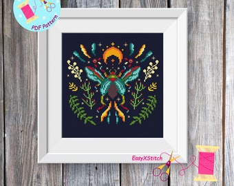 Moth cross stitch pattern PDF Folk flower embroidery Gothic cross stitch pattern Mystical pattern Magical moth Insect cross stitch