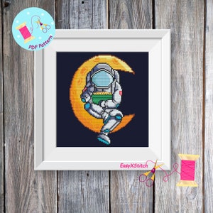 Astronaut on moon cross stitch pattern   Space cross stitch pattern Planets cross stitch