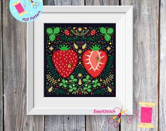 Scandinavian cross stitch pattern PDF Folk flower embroidery Strawberry сross stitch Village decor