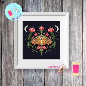 Moth cross stitch pattern PDF Folk flower embroidery Gothic cross stitch pattern Mystical pattern Magical moth