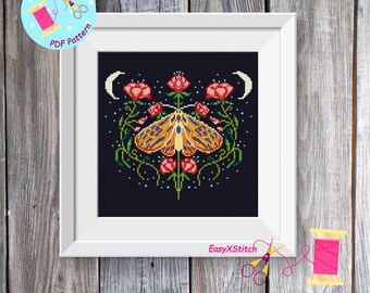 Moth cross stitch pattern PDF Folk flower embroidery Gothic cross stitch pattern Mystical pattern Magical moth