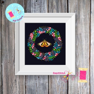 Moth cross stitch pattern PDF Folk flower embroidery Gothic cross stitch pattern Mystical pattern Magical moth