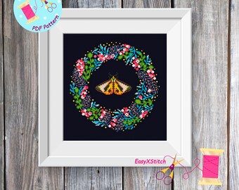 Moth cross stitch pattern PDF Folk flower embroidery Gothic cross stitch pattern Mystical pattern Magical moth
