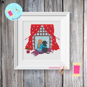 May include: Cross stitch pattern featuring a girl and her dog sitting by a window with red curtains. The window is covered in snow and the girl is wearing a blue sweater. The pattern is titled "EasyXStitch".