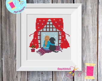 May include: Cross stitch pattern featuring a girl and her dog sitting by a window with red curtains. The window is covered in snow and the girl is wearing a blue sweater. The pattern is titled "EasyXStitch".
