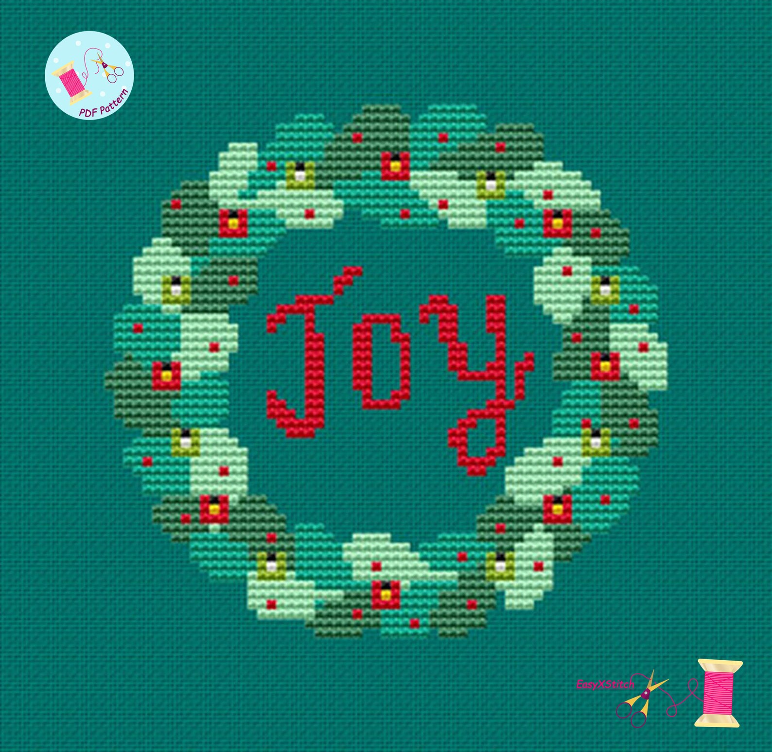 Joy cross stitch pattern christmas wreath cross stitch | Etsy