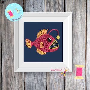 Angler fish cross stitch pattern Sea monster cross stitch Fishing ornament