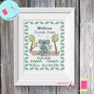 Birth announcement cross stitch pattern, new baby cross stitch, birth record cross stitch pattern, nursery baby stitch, animals baby sampler
