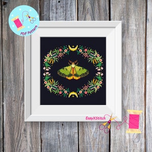 Moth cross stitch pattern PDF Folk flower embroidery Gothic cross stitch pattern Mystical pattern Magical moth