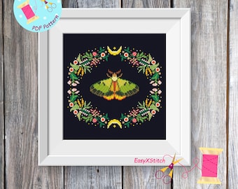 Moth cross stitch pattern PDF Folk flower embroidery Gothic cross stitch pattern Mystical pattern Magical moth