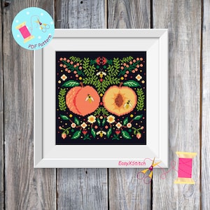 Scandinavian cross stitch pattern PDF Folk flower embroidery Peach сross stitch Village decor