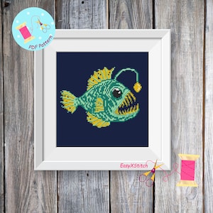 Angler fish cross stitch pattern Sea monster cross stitch Fishing ornament