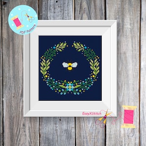 Bee Cross Stitch Pattern, Flower cross stitch pattern, Honey bee embroidery, Insect cross stitch pattern PDF