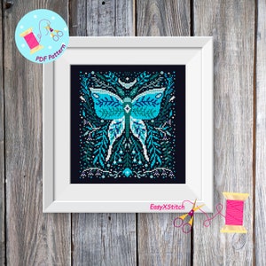 Moth cross stitch pattern PDF Folk flower embroidery Gothic cross stitch pattern Mystical pattern Magical moth