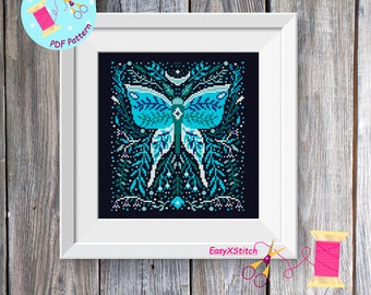 Moth cross stitch pattern PDF Folk flower embroidery Gothic cross stitch pattern Mystical pattern Magical moth