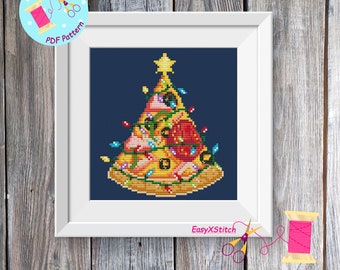 Pizza christmas tree cross stitch pattern Christmas food cross stitch New Year funny embroidery