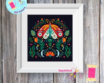 Scandinavian cross stitch pattern PDF Moth cross stitch pattern  Folk flower embroidery