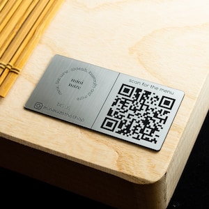 QR Code Signs: 3 x 1.5" / 76x38mm - Set of 10 Personalized Brushed Silver Acrylic Stickers for Business and Social Links with Custom Layout