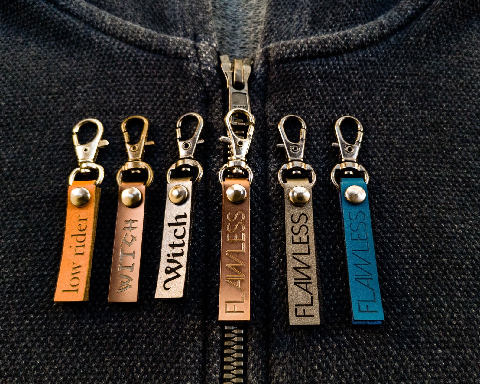 Set of 5 Personalized Zipper Name Tag Charms With Snap Hook Etsy